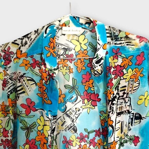 Marsh Landing Top Womens Medium Silk Button Down Tunic Shirt Tropical Coverup - Picture 9 of 10